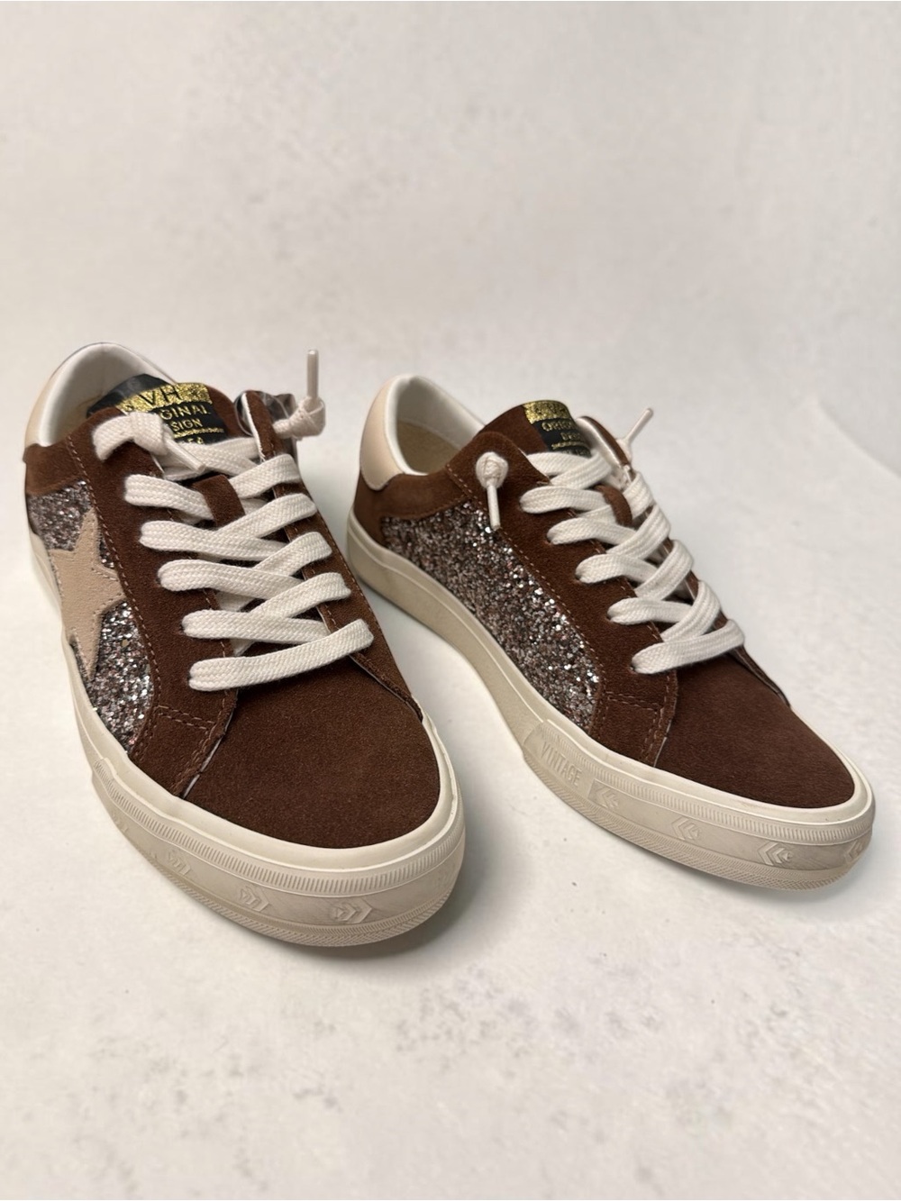 Vintage Havana Brown Glitter Star Low-Top Sneakers with Cream Sole